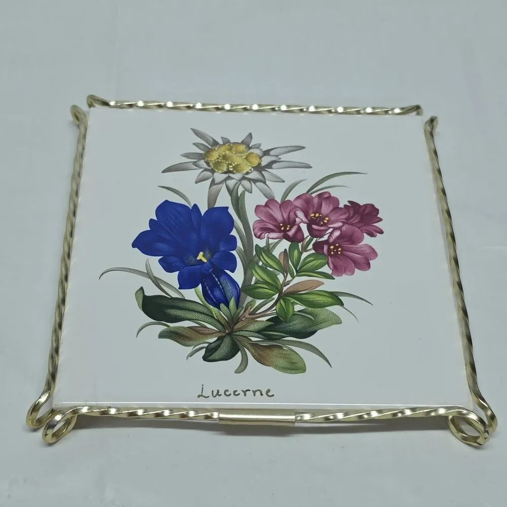 Vintage Floral Ceramic Tile Trivet Stand Coaster France Gold Toneetal Frame Boho